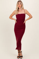 Burgundy Rhinestone Fitted Ruched Maternity Maxi Dress