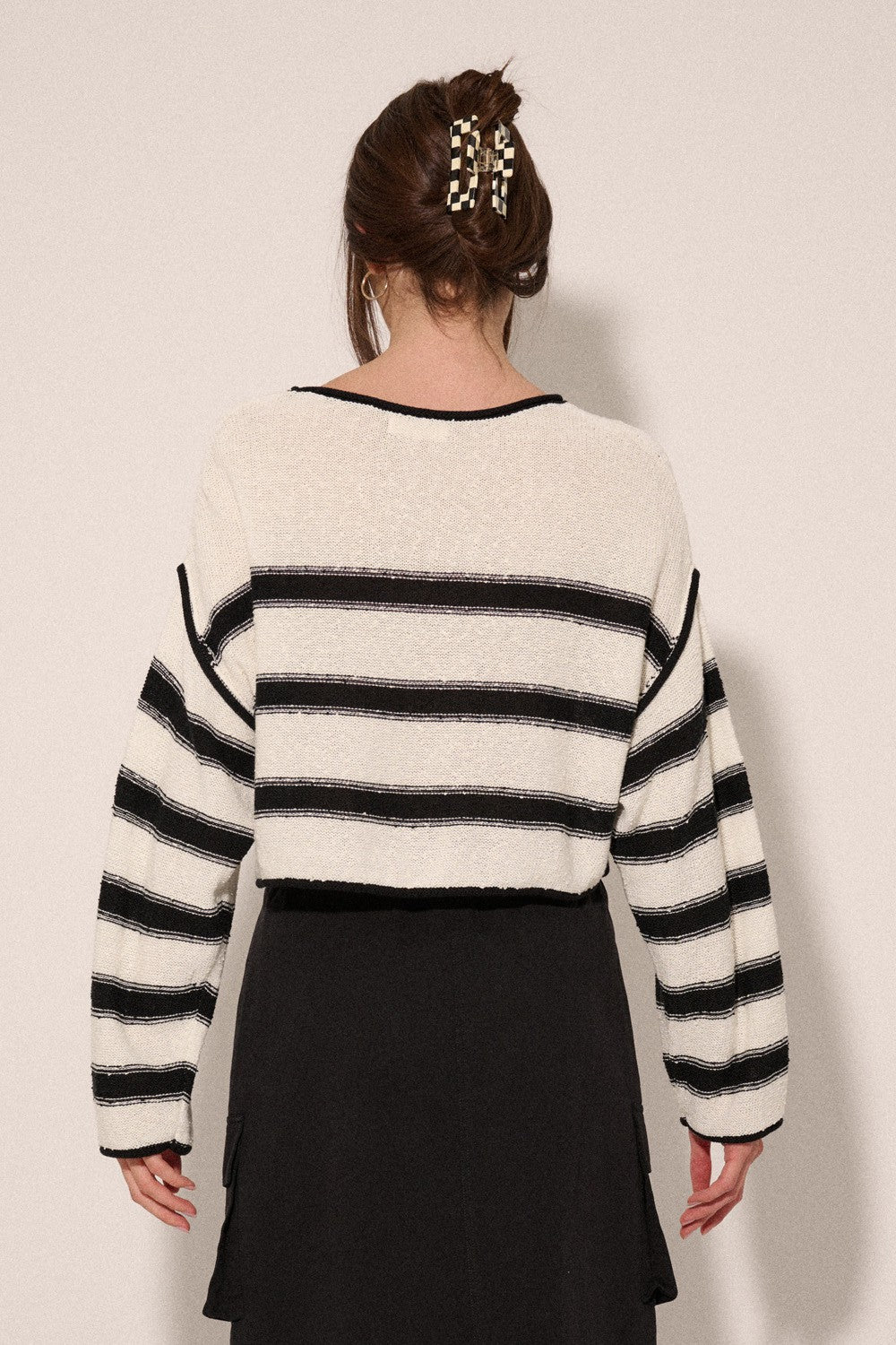 Cream Black Stripe Round Neck Expose Seam Sweater