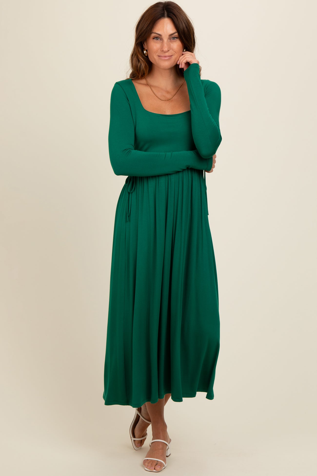 Forest Green Square Neck Long Sleeve Maternity Midi Dress