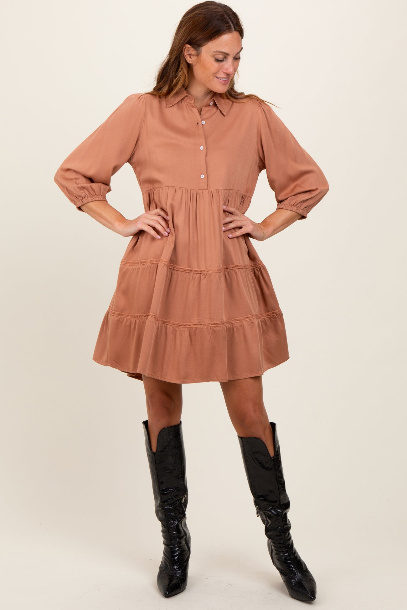 Camel Collared Tiered Dress