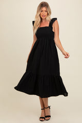 Black Textured Cotton Ruffle Strap Maternity Midi Dress