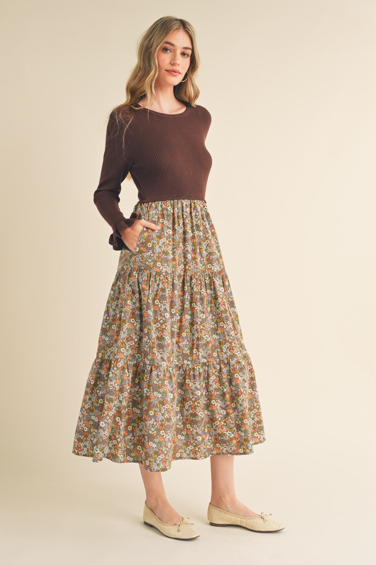 Mocha Floral Knit Midi Dress With Contrast Woven Skirt