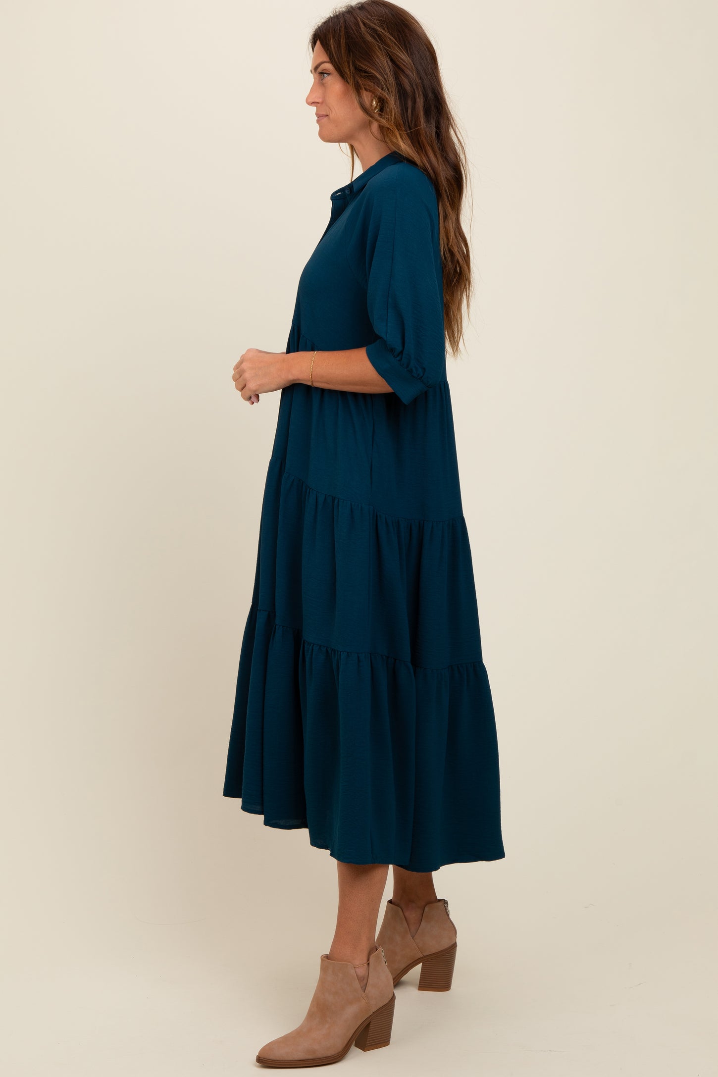 Dark Teal Collared Button Up Tiered Midi Dress