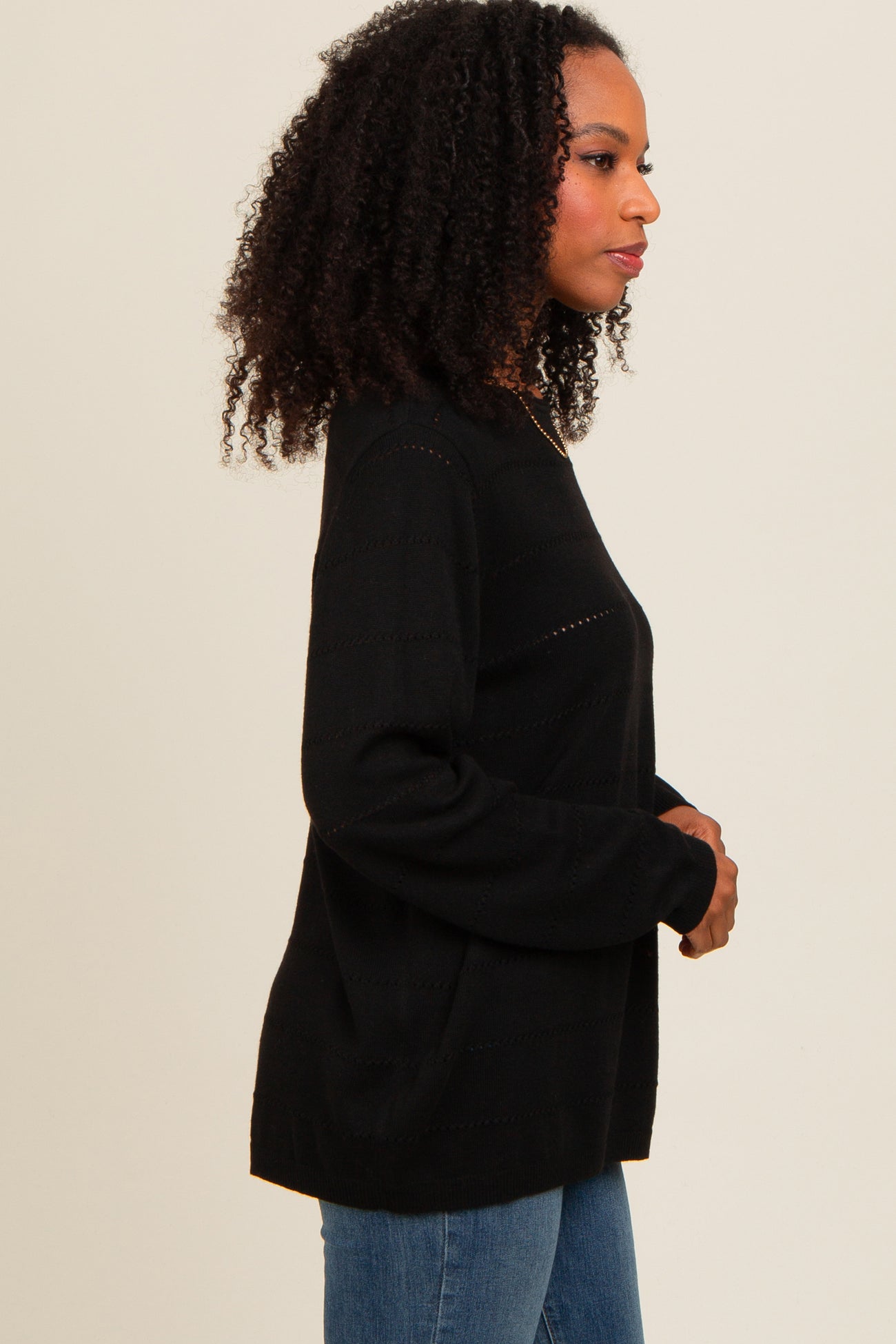 Black Knit Stitch Detail Long Sleeve Sweater Top