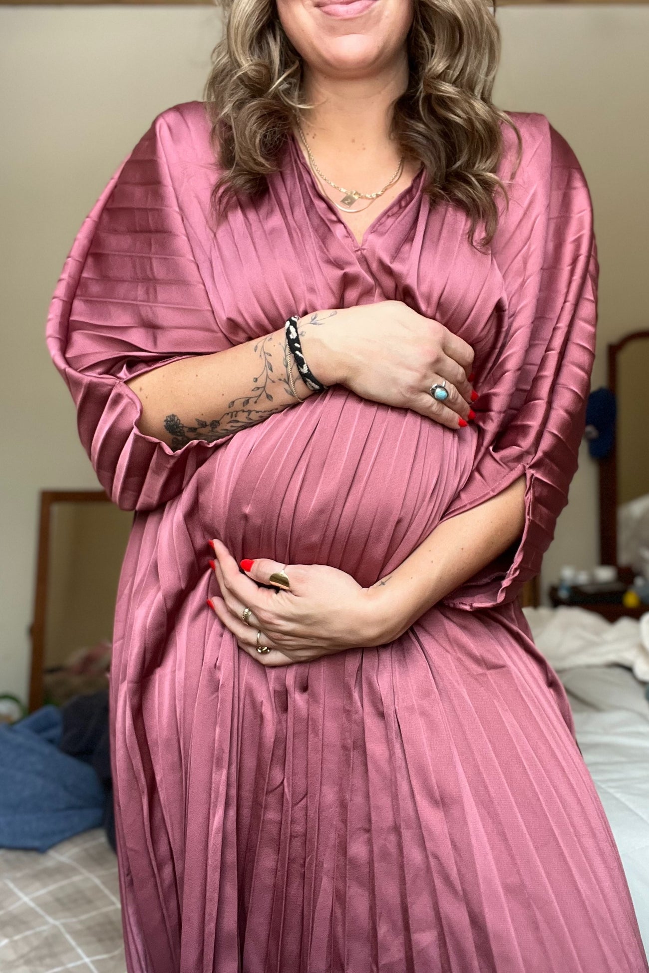 Mauve Satin Pleated V-Neck Maternity Maxi Dress