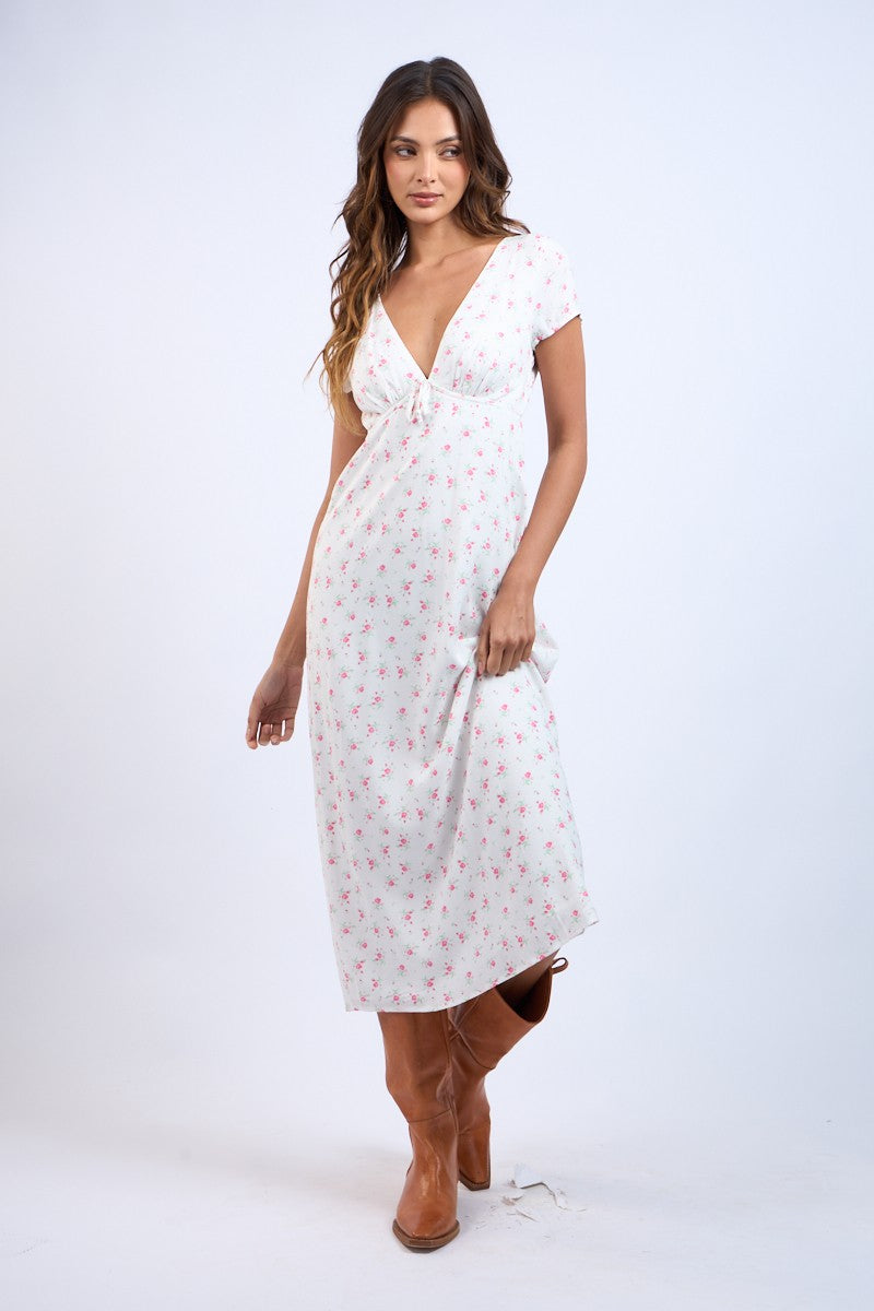 Pink Floral Pattern V-Neck Short Sleeve Long Dress