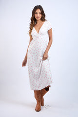 Pink Floral Pattern V-Neck Short Sleeve Long Dress