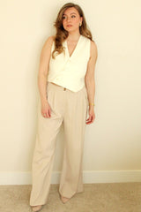 Beige Pintuck Wide Leg Pants