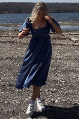 Blue Satin Pleated Bodice Puff Sleeve Midi Dress