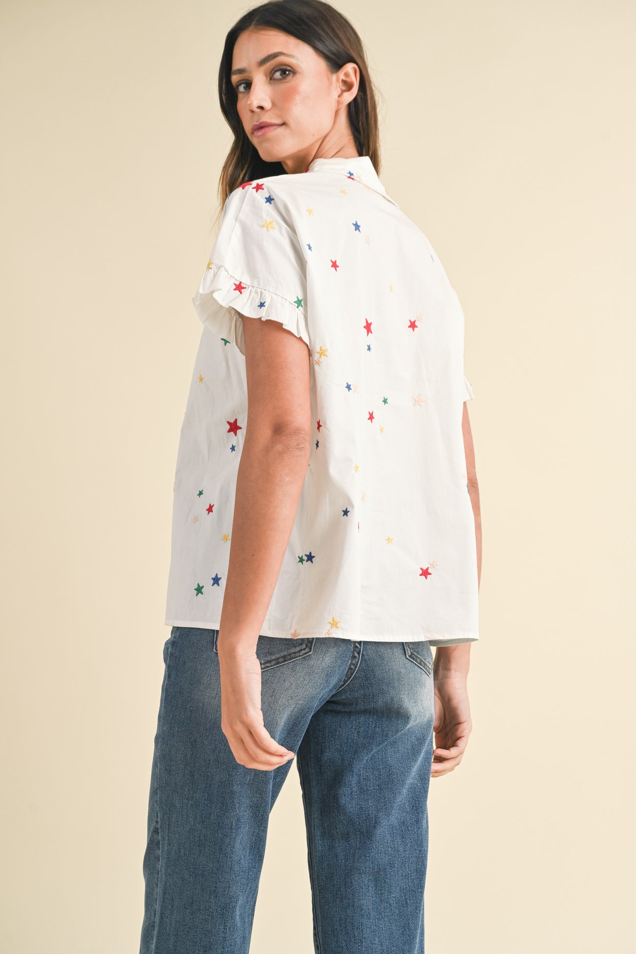 Ivory Star Embroidered Ruffle Detail Shirts
