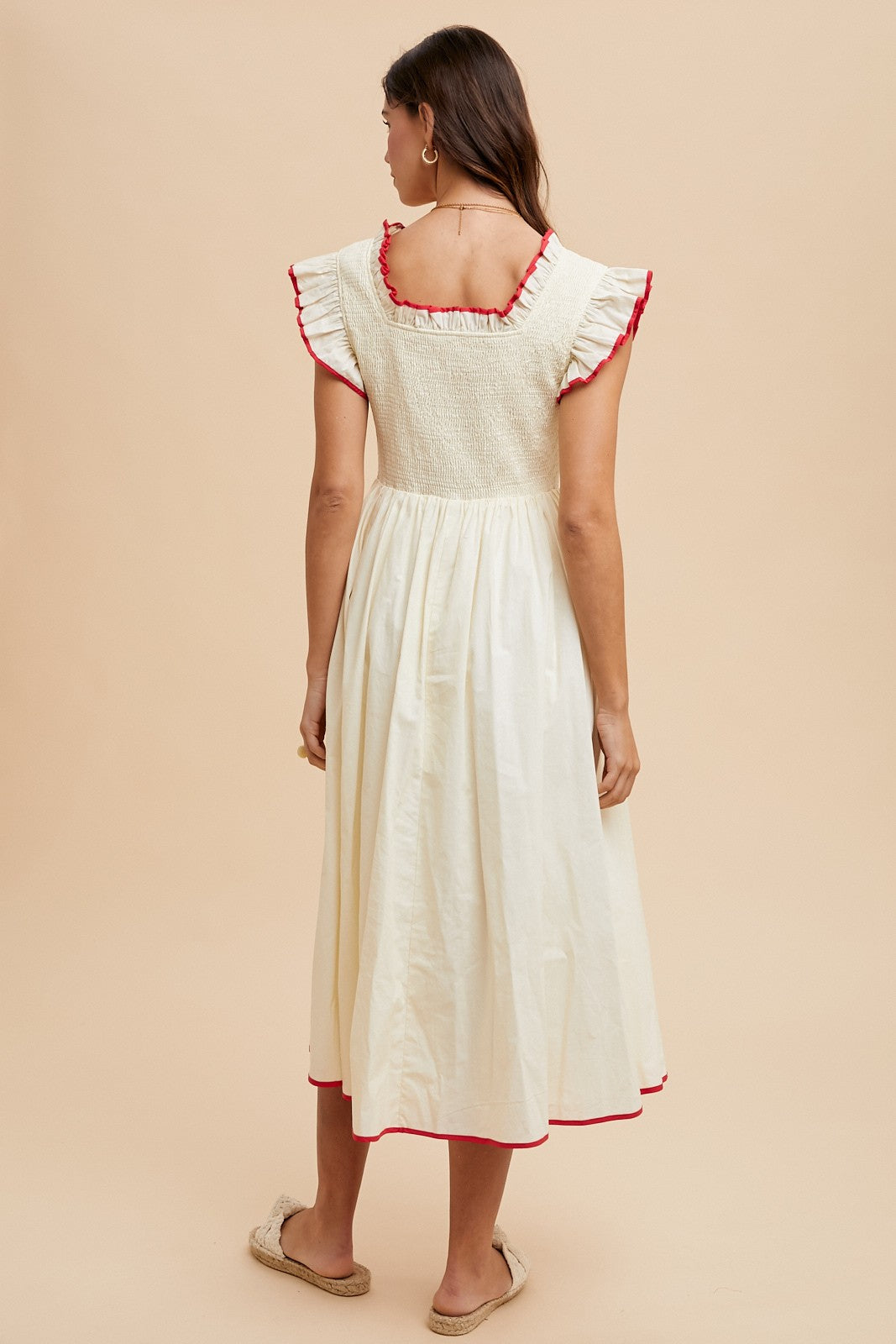 Cream Red Contrast Binding Detail Smocking Midi Dress