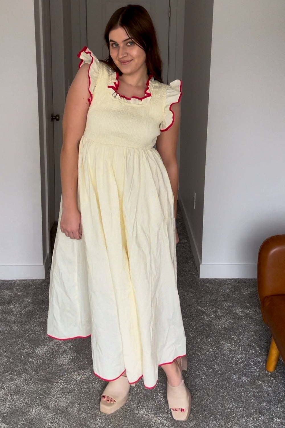 Cream Red Contrast Binding Detail Smocking Midi Dress