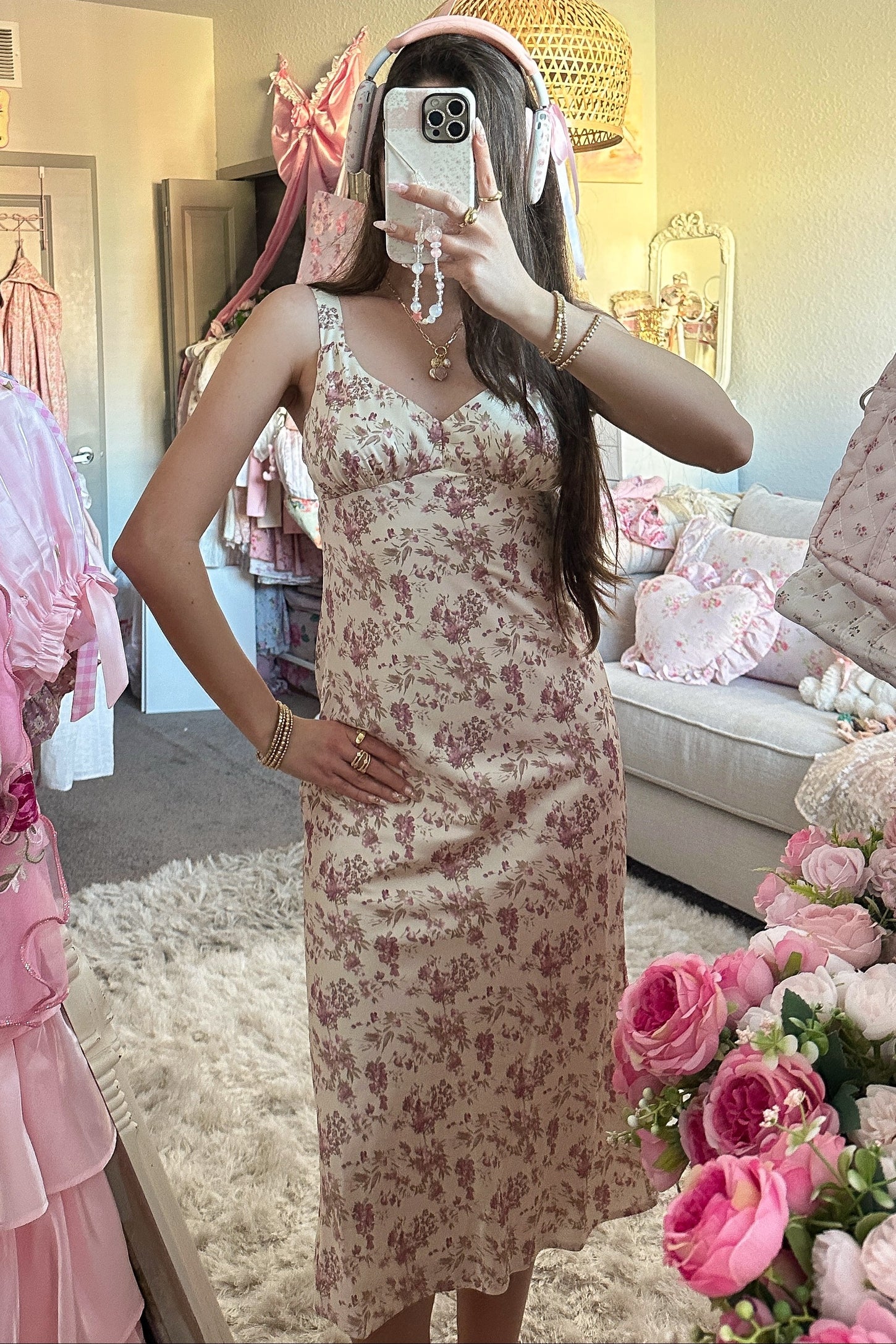 Cream Floral Romantic Print Bodycon Midi Dress