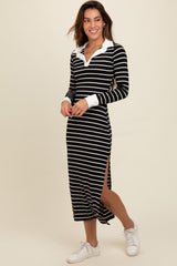 Black Striped Collared Long Sleeve Midi Dress
