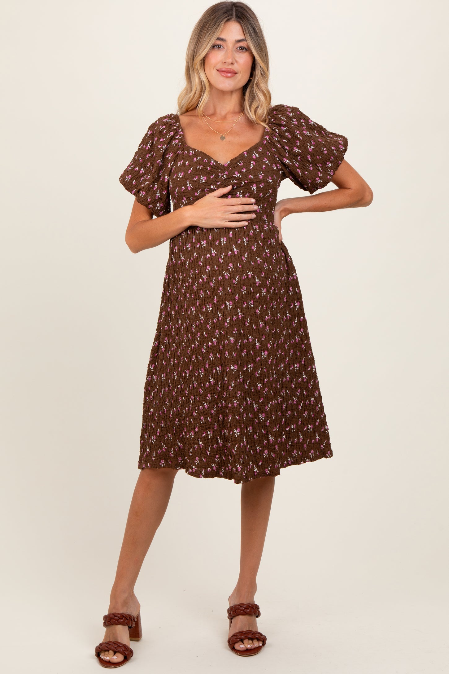 Brown Floral Smocked Sweetheart Maternity Dress