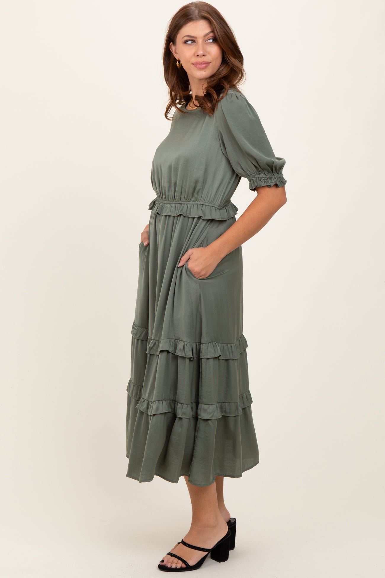 Olive Satin Ruffle Trim Midi Dress