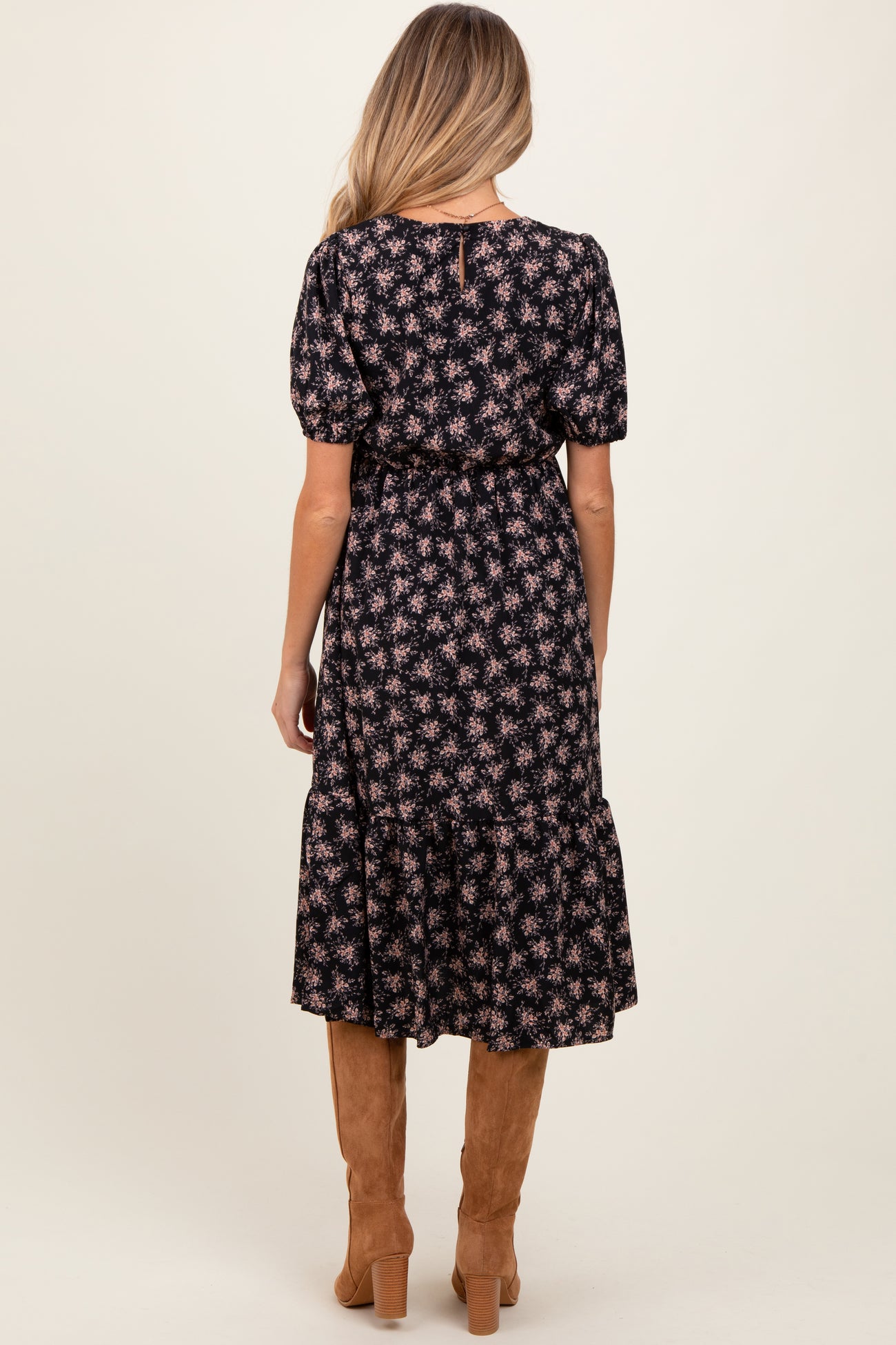 Black Floral Puff Sleeve Smocked Maternity Midi Dress