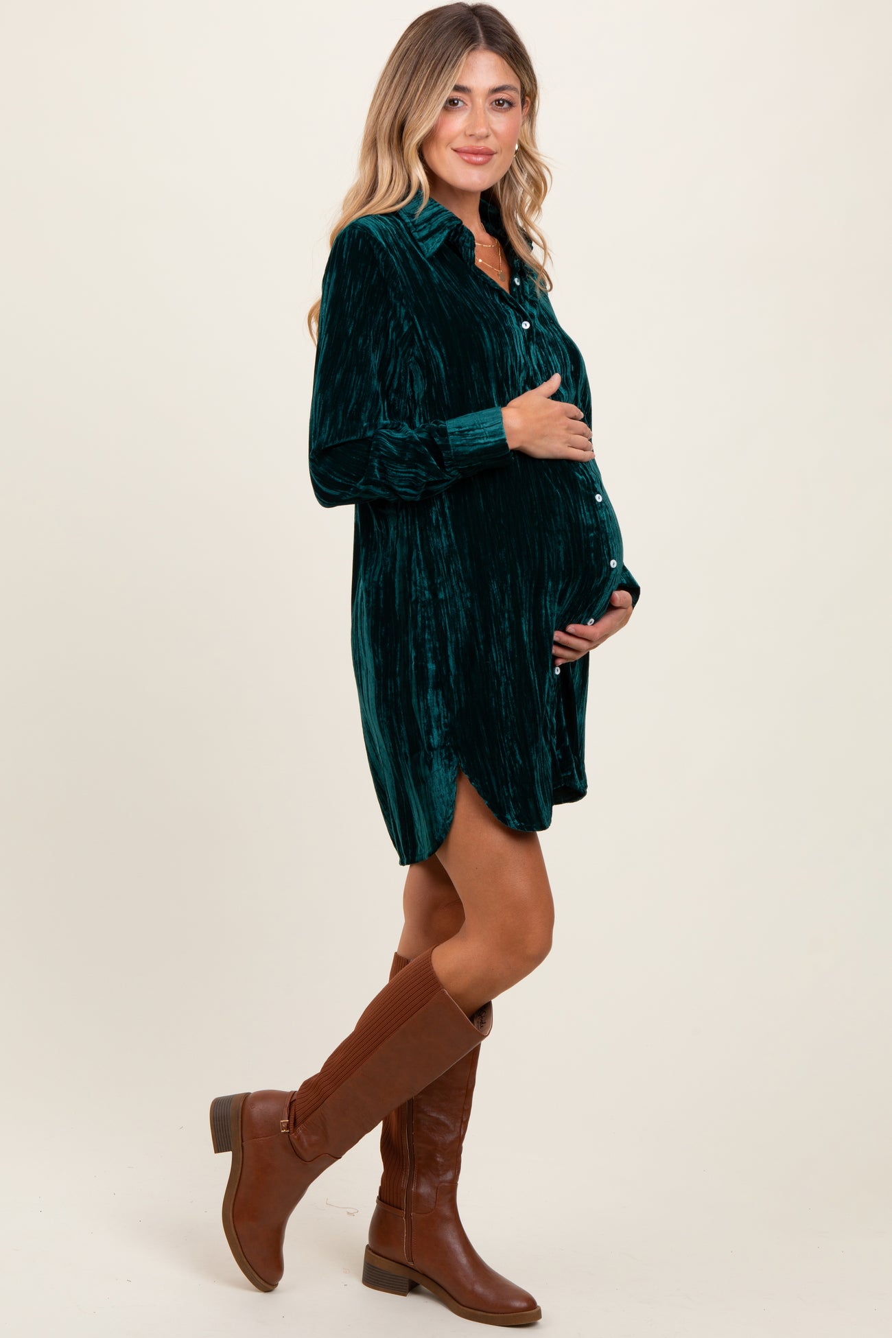 Forest Green Crinkled Velvet Button Down Maternity Shirt Dress