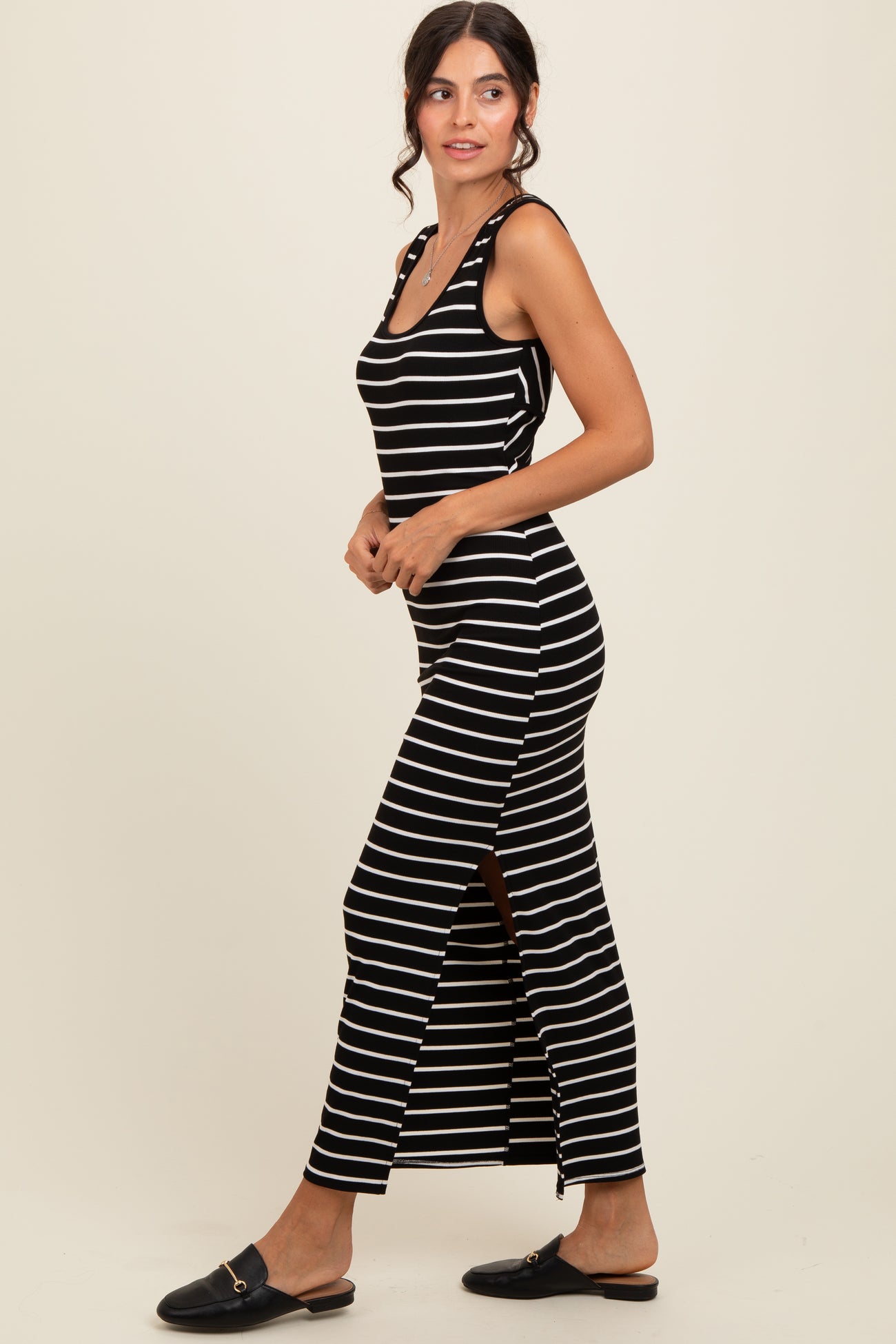 Black Striped Ribbed Open Back Maternity Maxi Dress