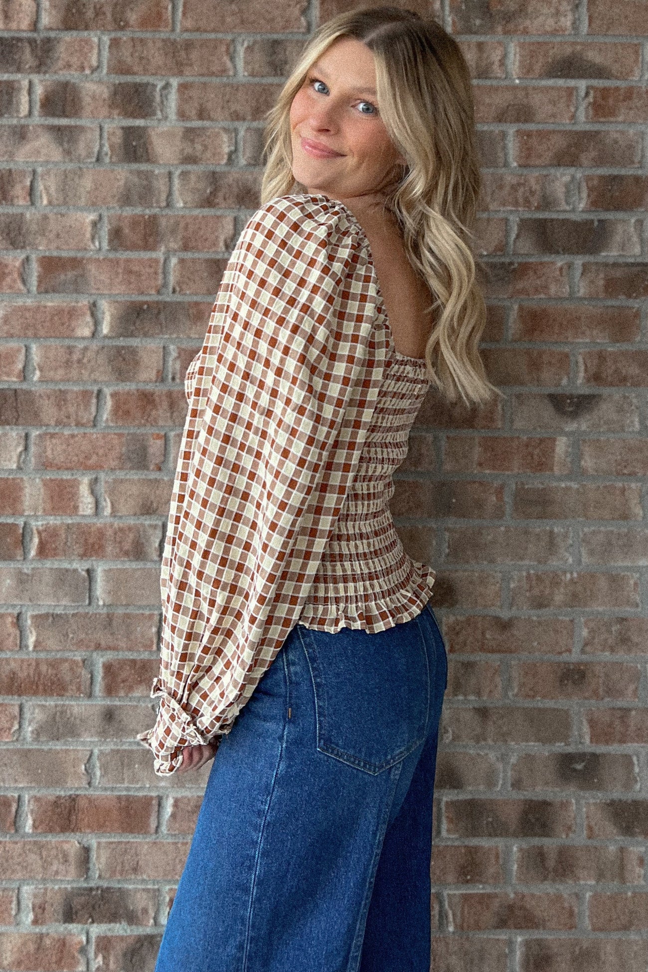 Ginger Check Gingham Square Neck Smocking Top