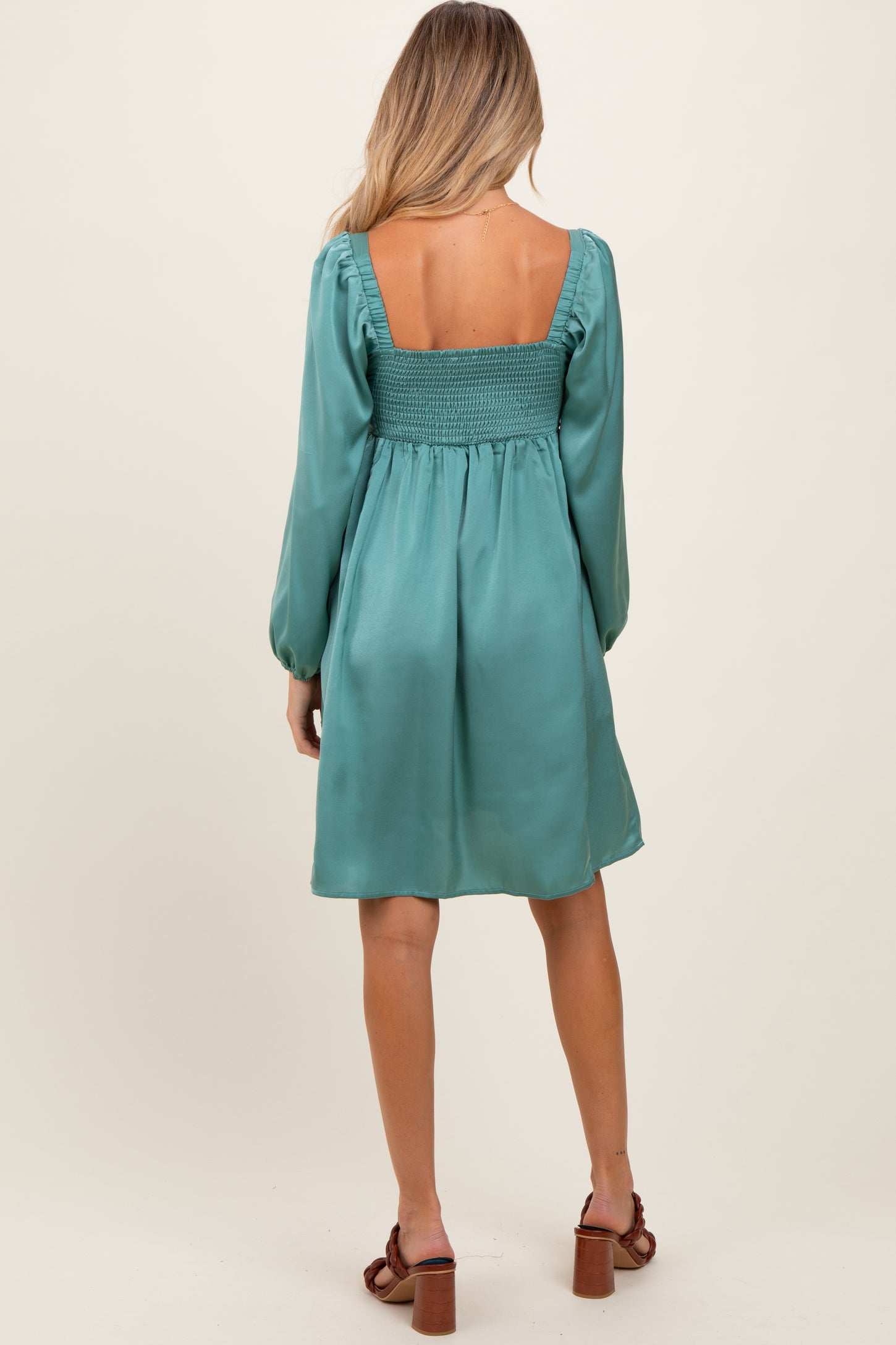 Light Olive Satin Pleated Detail Bodice Maternity Dress