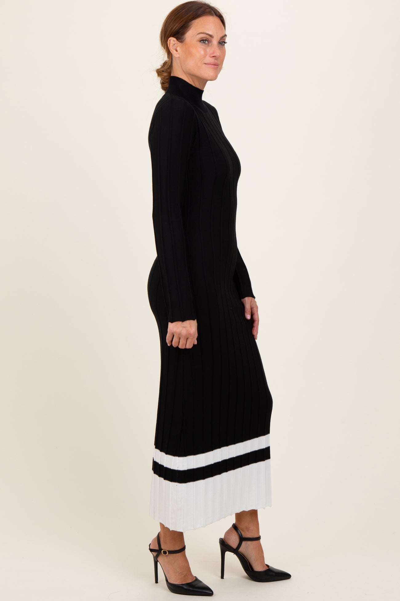 Black Colorblock Hem Mock Neck Sweater Dress