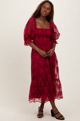 Burgundy Floral Mesh Lace Overlay Maternity Maxi Dress