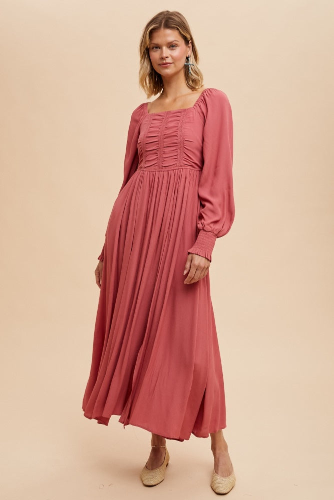 Desert Rose Ruched Bodice Square Neck Maxi Dress