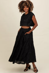 Black Floral Jacquard Crop Top and Skirt Set