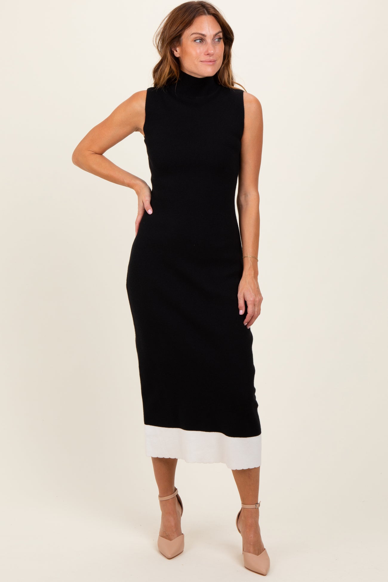 Black Knit Contrast Hem Mock Neck Sleeveless Midi Dress