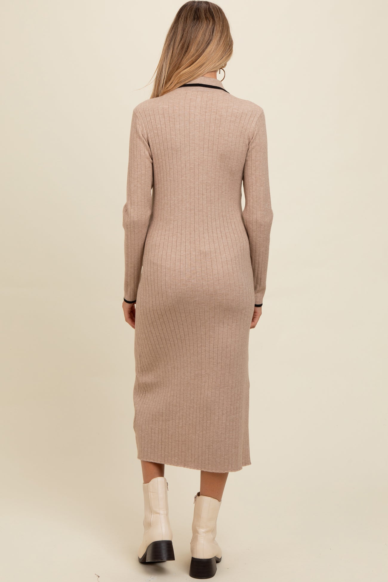 Beige Ribbed Contrast Trim Polo Maternity Midi Sweater Dress