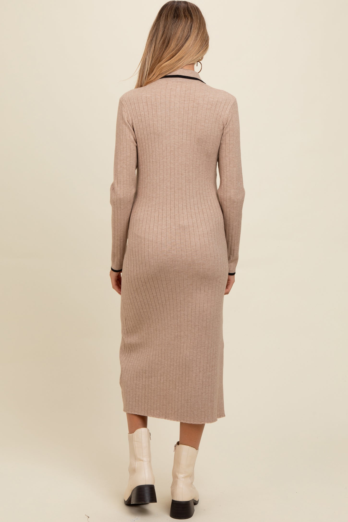 Beige Ribbed Contrast Trim Polo Maternity Midi Sweater Dress