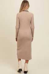 Beige Ribbed Contrast Trim Polo Maternity Midi Sweater Dress