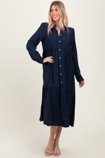 Navy Button Down Long Sleeve Midi Shirt Dress