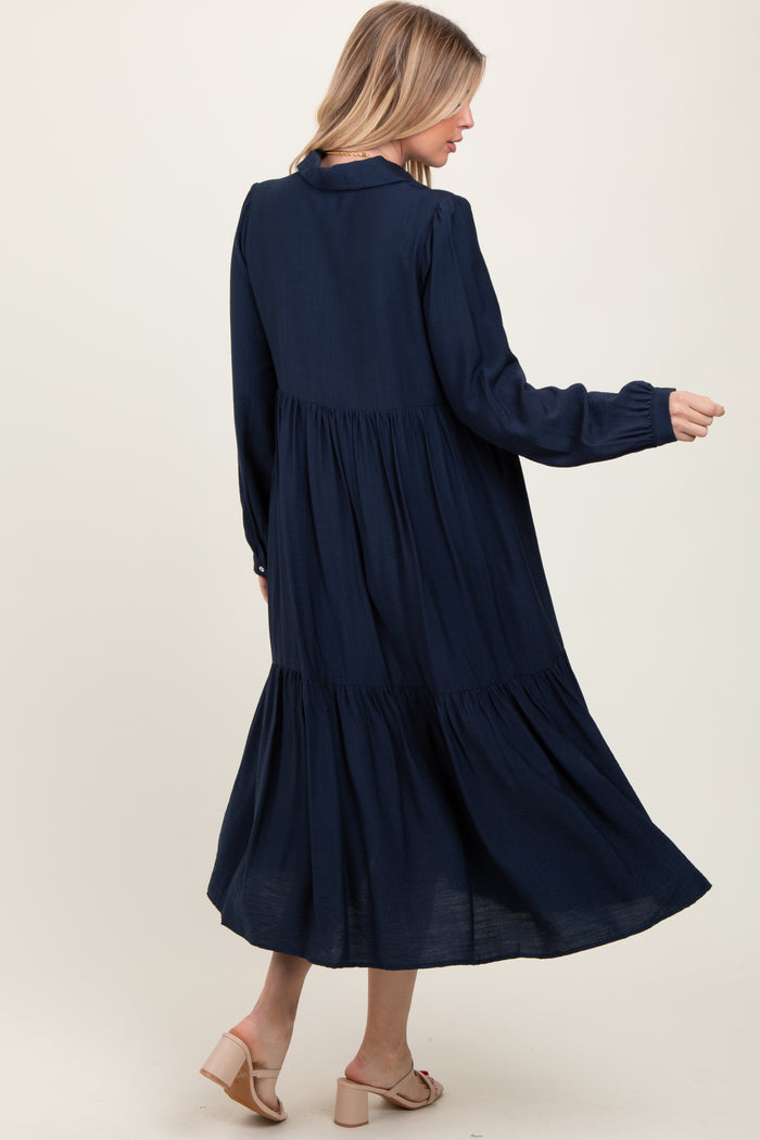 Navy Button Down Long Sleeve Midi Shirt Dress
