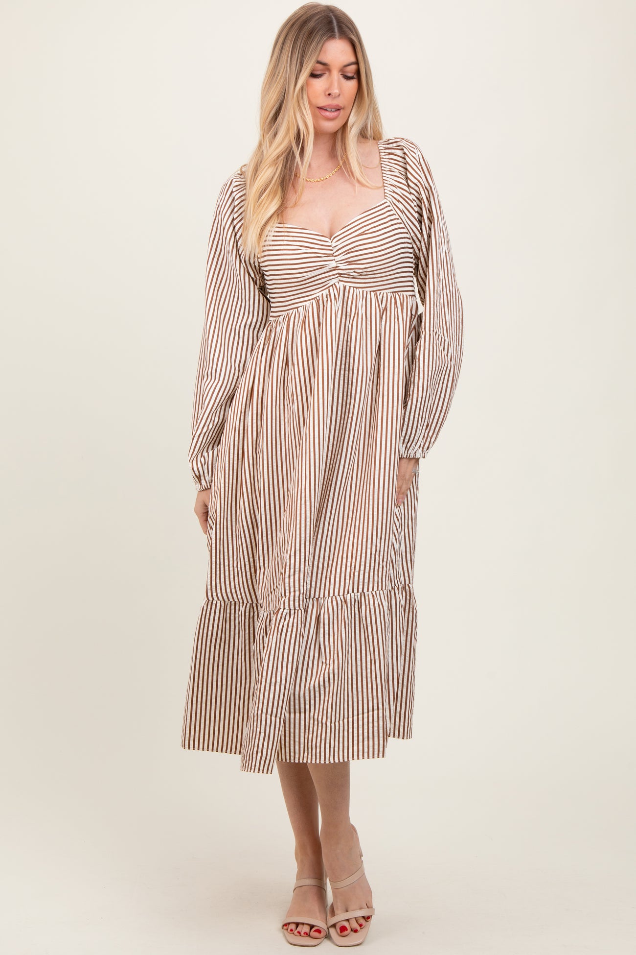 Brown Striped Ruched Bodice Balloon Sleeved Midi Dress