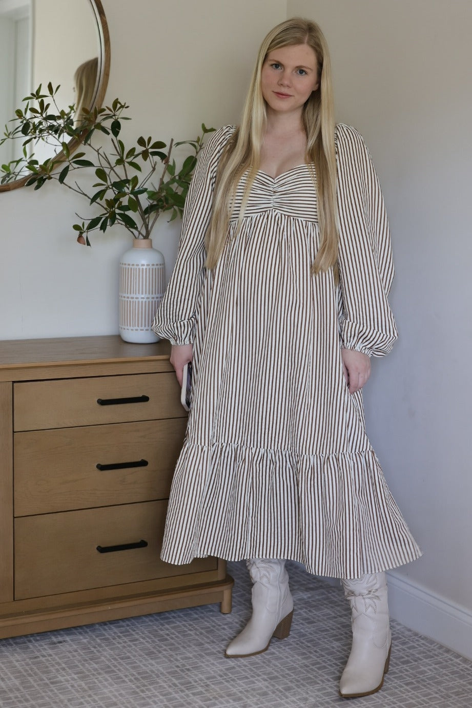 Brown Striped Ruched Bodice Balloon Sleeved Maternity Midi Dress