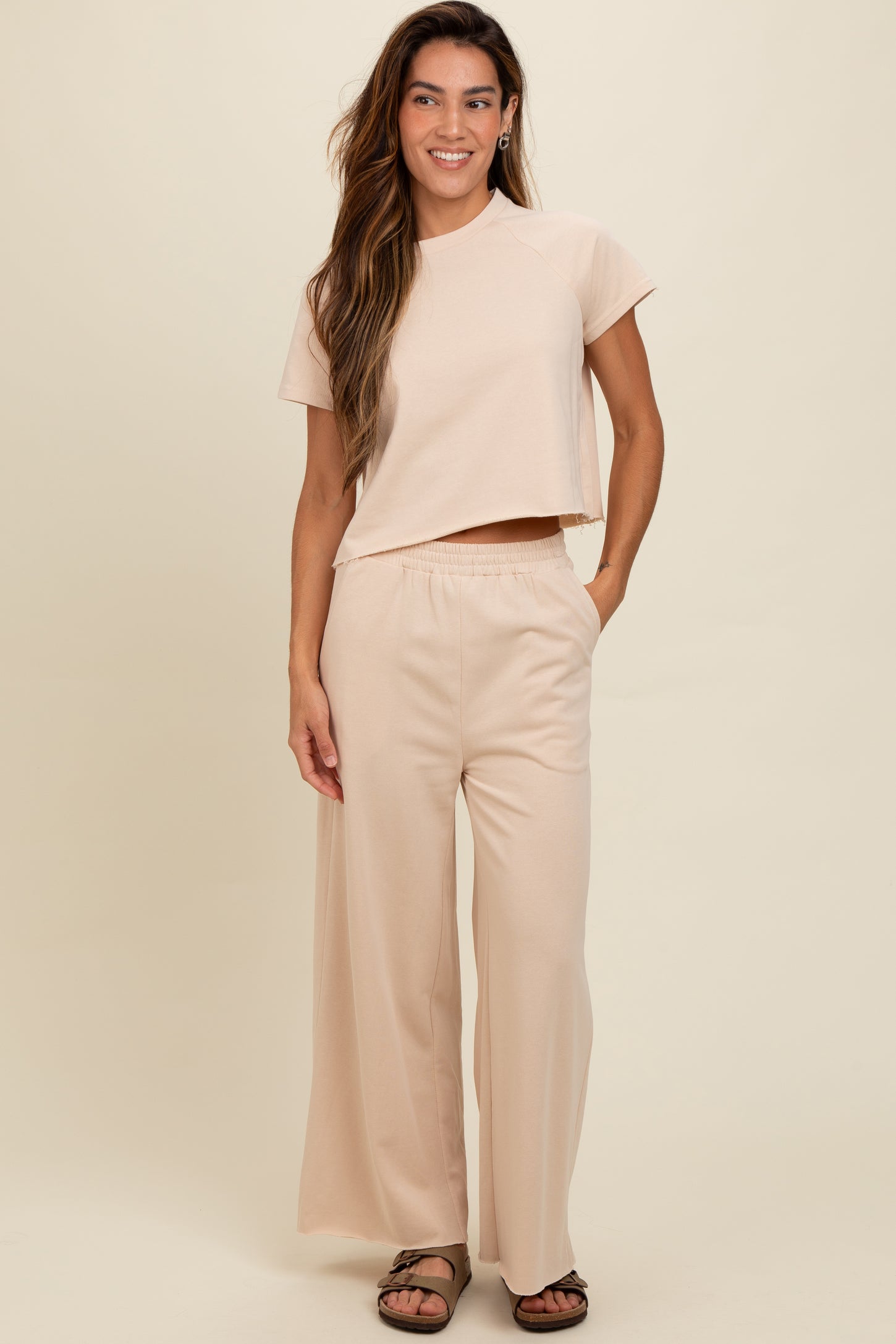 Beige Basic Tee And Wide Leg Pant Maternity Set