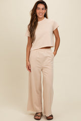 Beige Basic Tee And Wide Leg Pant Set