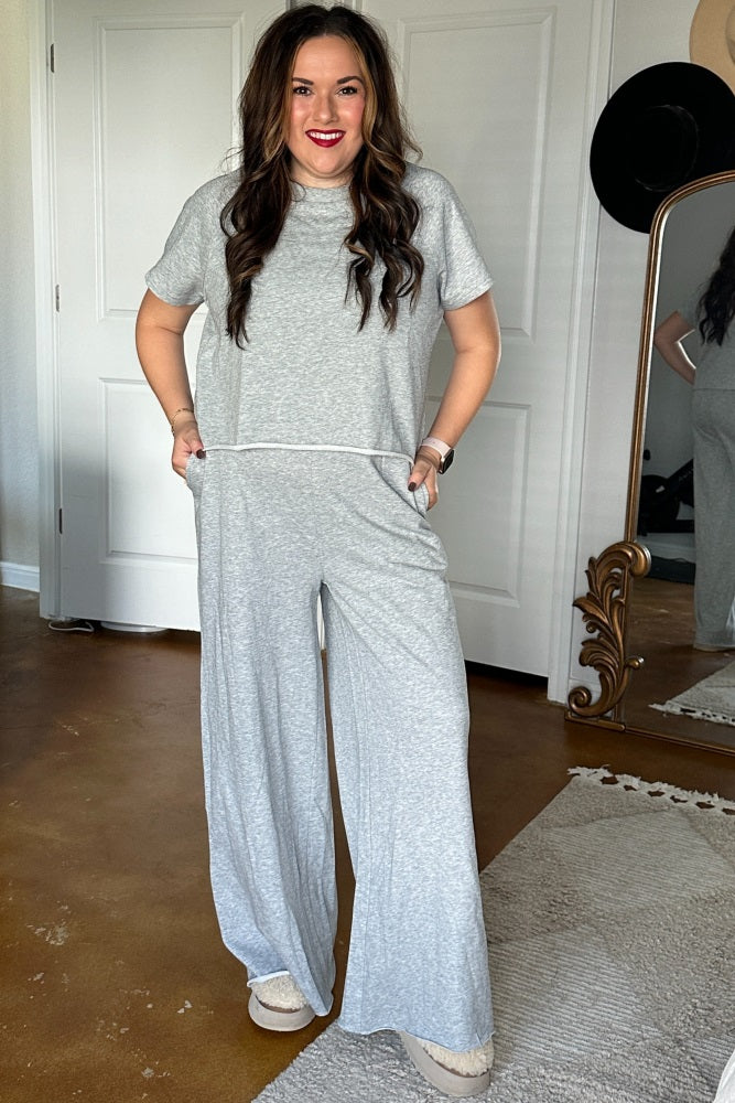 Heather Grey Basic Tee And Wide Leg Pant Set