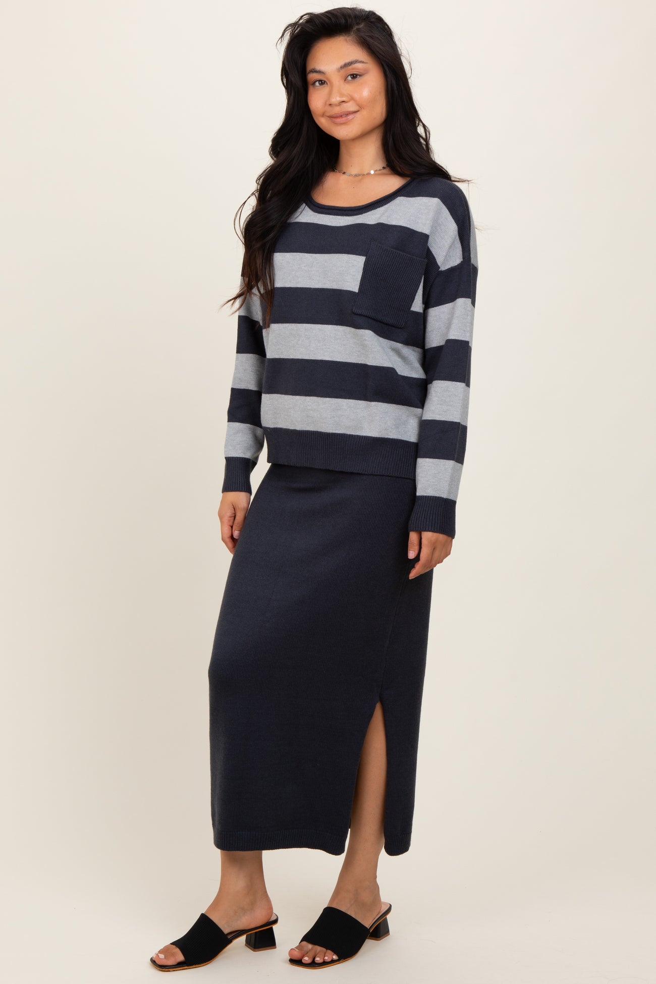 Navy Striped Sweater And Fitted Midi Skirt Maternity Set