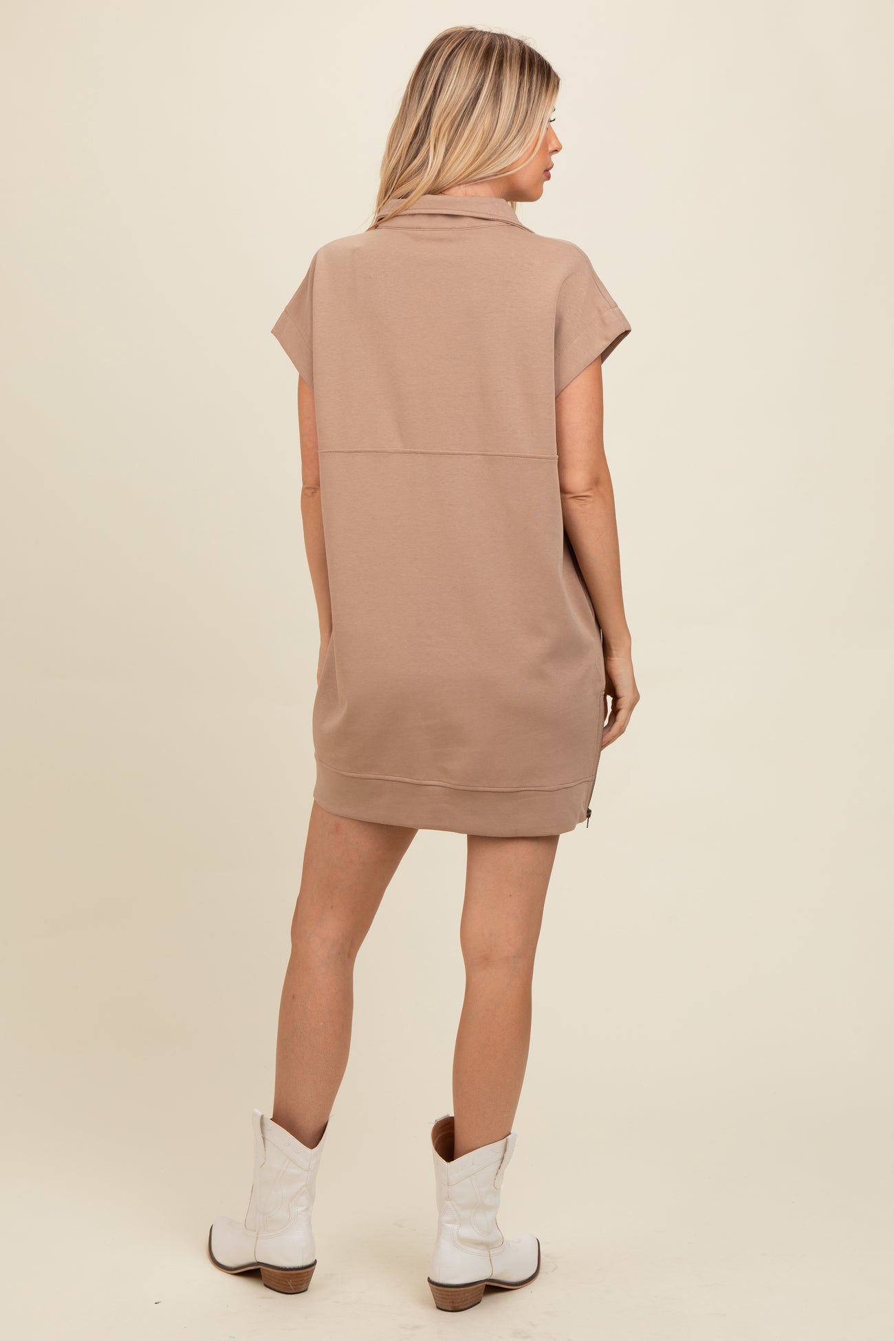 Light Mocha Knit Half Zip Mini Dress