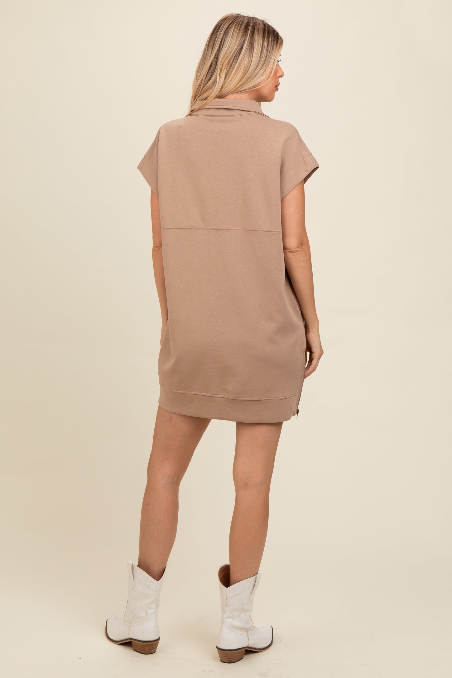 Light Mocha Knit Half Zip Mini Dress