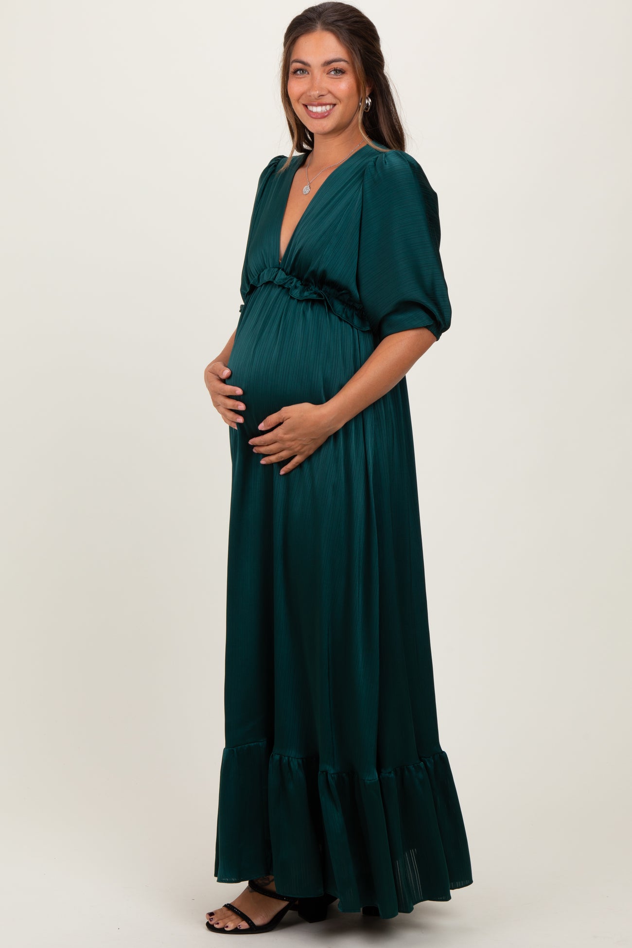 Forest Green Striped Ruffle Accent Maternity Maxi Dress