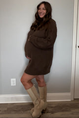 Cream Fuzzy Knit Turtleneck Maternity Sweater Mini Dress