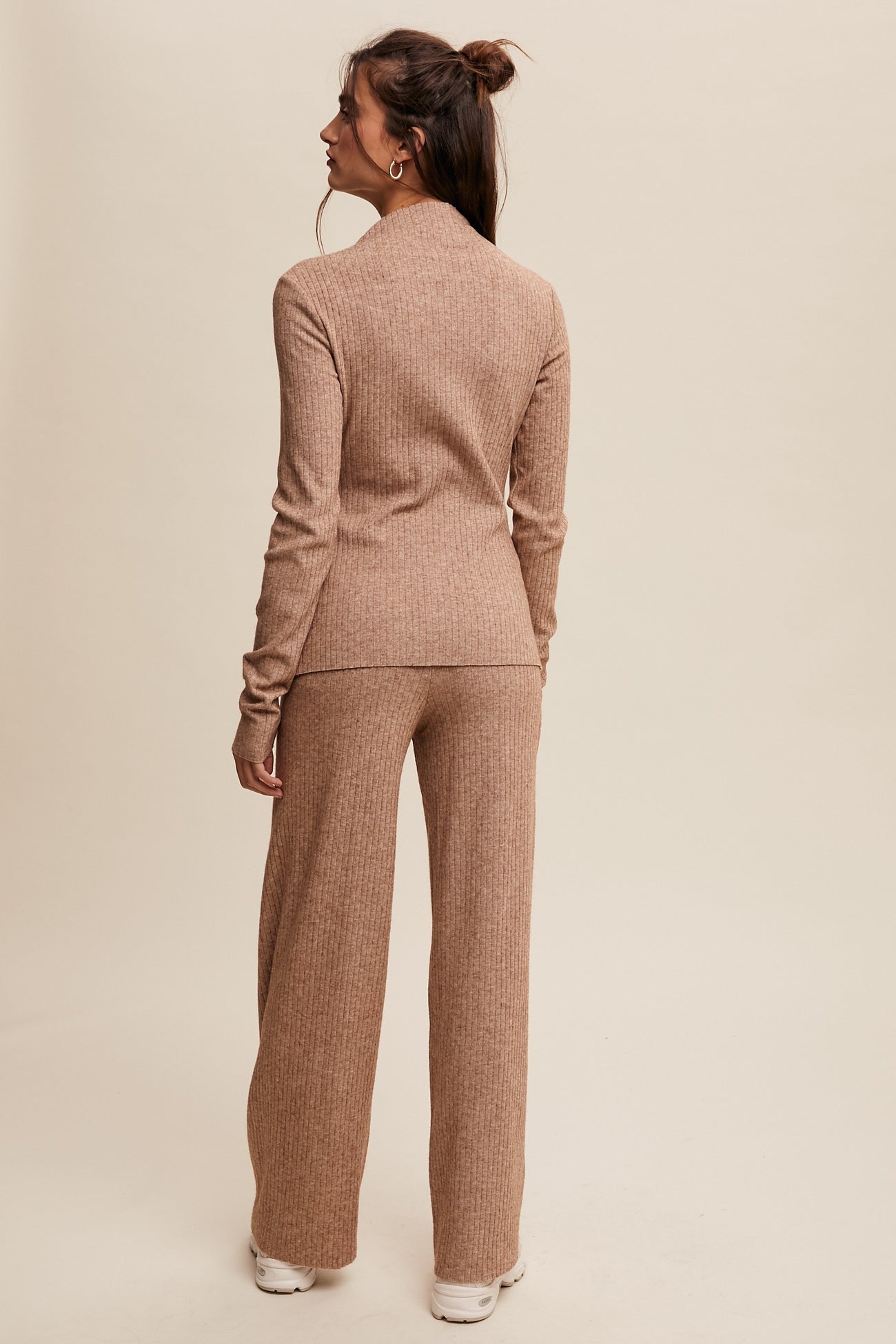 Tan Petal Hem Ribbed Knit Long Sleeve And Pants Set