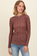 Brown Floral Bow Detail Long Sleeve Fitted Maternity Top