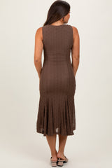 Brown Textured V-Neck Maternity Midi Dress