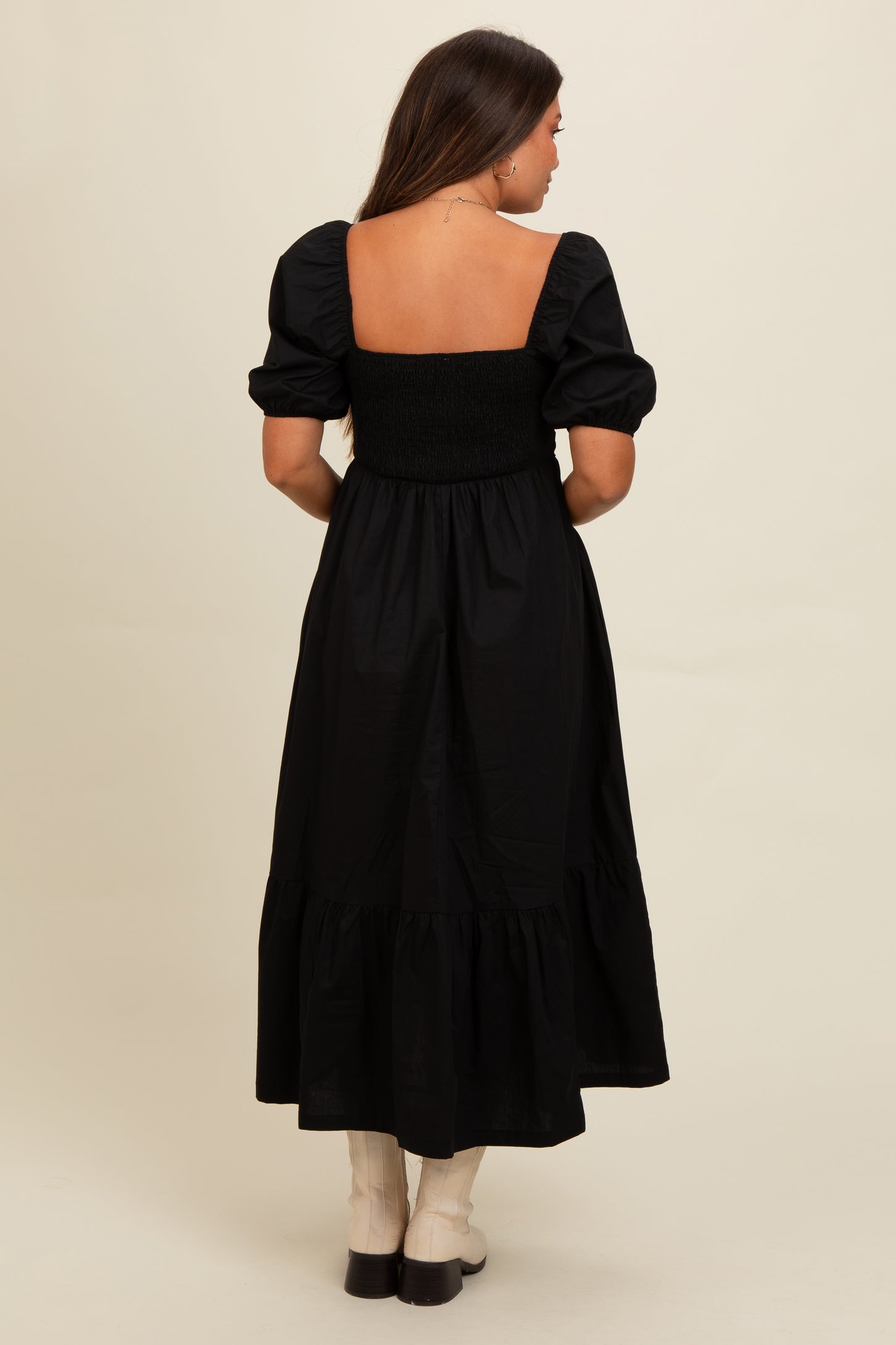 Black Pleated Bodice Puff Sleeve Maternity Midi Dress