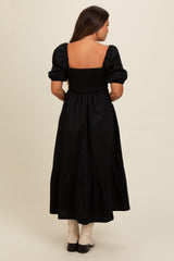 Black Pleated Bodice Puff Sleeve Maternity Midi Dress